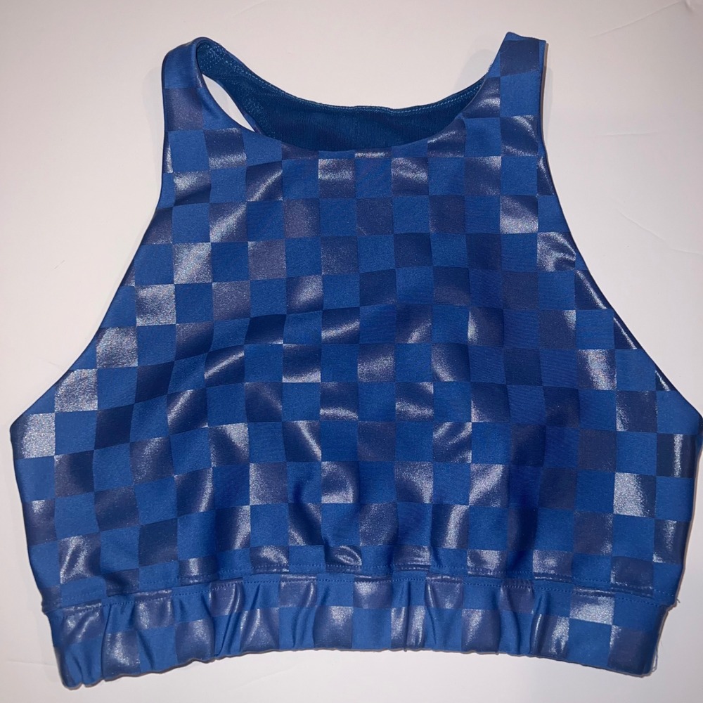 Peloton Sports Bra Womens S Blue Checkered Metallic High Neck Racerback